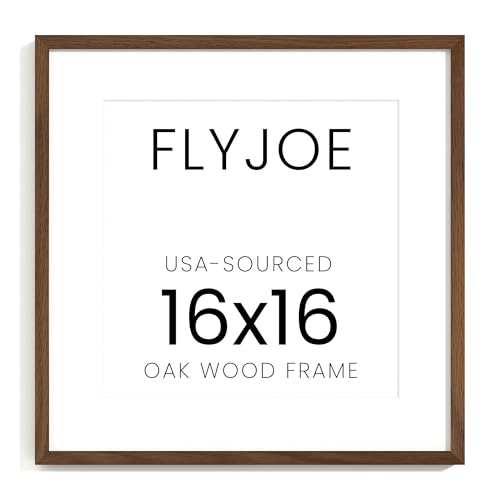 Image of FLYJOE 16x16 Oak Wood Square Picture Frame with Mat for 12x12, 16 by 16 USA-Sourced Natural Solid Wooden Photo Frame for Wall Display, Tempered Glass, Hanging Hardware Included, 1 Pack, Walnut Color