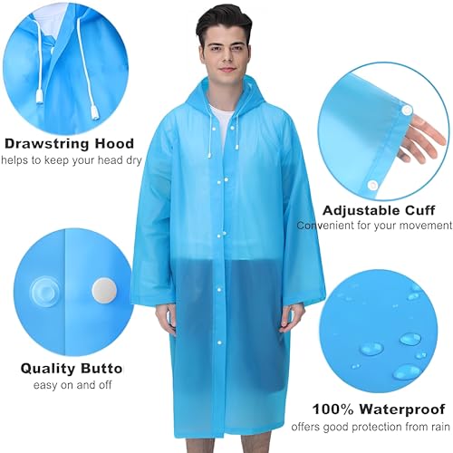 Image of Rain Ponchos, 2 Packs Reusable Ponchos for Adults with Drawstring Hood and Sleeves, Emergency Rain Coat for Theme Park, Hiking, Camping or Traveling