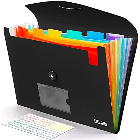 Accordian File Organizer 7 Pocket Expanding File Folder with Labels, Plastic Expandable File Folder for Documents Letter Size A4 Papers - Black Cover