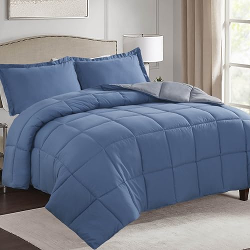 HIG 3 Pieces Dusty Blue Reversible Coverless Duvet Super King - 260 x 220cm - OEKO-TEX Certified - 10.5 Tog Duvet with Corner Tabs - Down Alternative Comforter with 2 Shams - Machine Washable