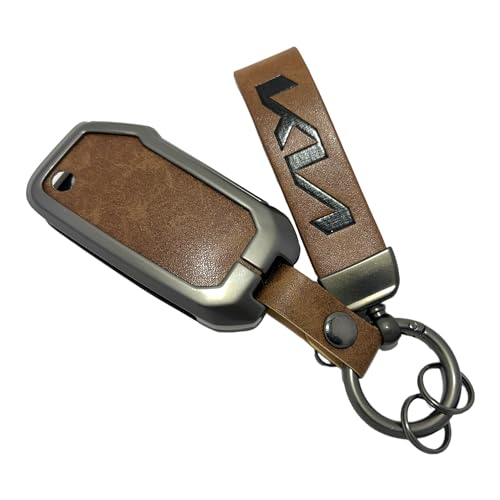 Image of Zinc Metal Alloy Leather Car Key Cover & Case Brown with Keychain & Holder Compatible for KIA Seltos, Sonet, Carens (3 Button Flip Key)