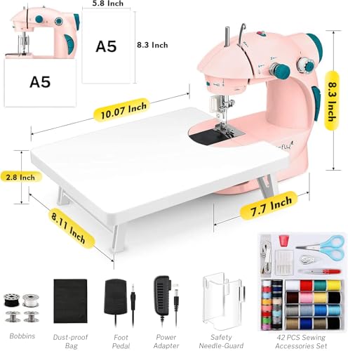 Image of Magicfly Mini Sewing Machine with Extension Table, Dual Speed Portable Sewing Machine for Beginners with Light, Sewing Kit for Household Use, Pink