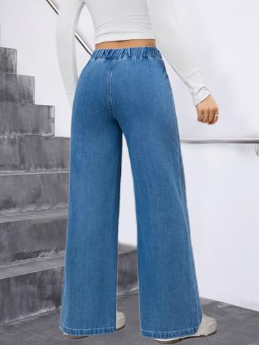 Image of ADBUCKS Women's Stretchy Elastic Waist Wide-Leg Jeans - Minimalist Pocket-Free Drapey Denim Pants, Comfortable Pull-On Style, Ideal for Daily Commute & Casual Wear
