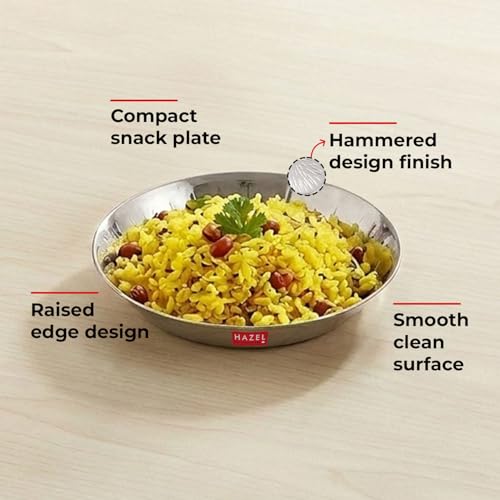 Image of HAZEL Stainless Steel Small Copri Plate 15.5 cm, Pack of 6 | Hammered Design Snacks Plate Nasta Plate for Serving Food & Daily Use, 400ml