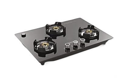 Padmini Indian Burner Auto Ignition 3 Burner Glass Built in Glass Gas Hob Black ISI Certified (CS 301 GL IB) (2 Big, 1 Small Burner)