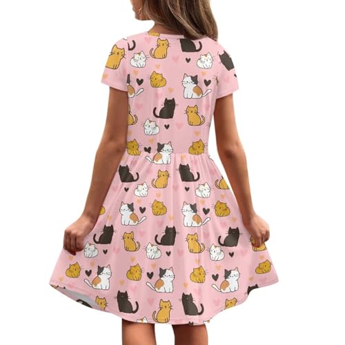Image of Girls Dress with Pockets Basic Short Sleeve High Waist Swing Skater Dress School Party Dress for Kids