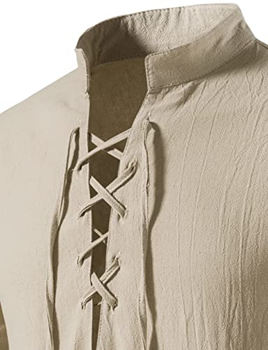 Lucmatton Men's Retro Short Sleeve Lace Up Medieval Costume Shirts For Halloween Cosplay Viking Pirate Vampire Renaissance Gothic Victorian Clothing Khaki Large #TOP3