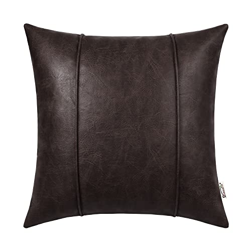 Image of BRAWARM Coffee Leather Throw Pillow Covers 20 X 20 Inches - Faux Leather Pillow Cover with Piping, Hand Stitched Leather Throw Pillow for Couch Sofa Bed Living Room Home Decorative