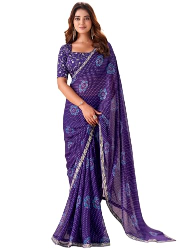 Image of AKHILAM Women's Bandhani Printed Chiffon Saree with Blouse