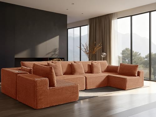 Image of 138 inch Cloud Sectional Couch, Comfort U Shaped Sofa for Living Room, Extra Deep Seats No Assembly, Minimalist Modular Couch, Corduroy (Deep Orange, 6 Seats,U-Shape B)