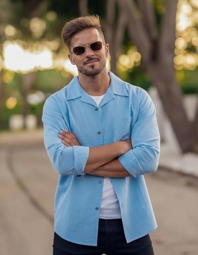 Image of Combo of Men's Casual Cotton Blend Shirt || Long Sleeve Button Down with Spread Collar | Lightweight Breathable Fabric | Stylish Solid Shirt for Beach, Office & Everyday Wear Pack of 2