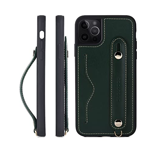 iPhone 14 Pro Max ケース 本革 グリップケース レザー ストラップ付属 イタリア製牛革 ヌメ革 片手操作 カード収納 スタンド機能 メンズ レディース グリーン CGH-14ProMax-Green