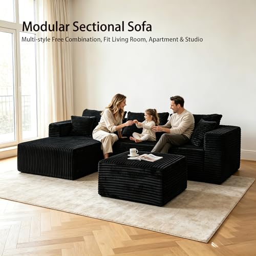 Image of 93 inch U-Shaped Boneless Couch, Corduroy Cloud Couch Sectional with Chaise and Ottoman, Deep Seat Modular Sectional Sofas for Living Room, No Assembly - Black (Left Facing Chaise)