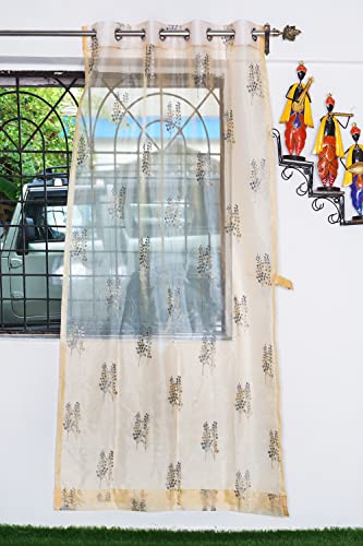 Image of (5 ft Tissue Embroidered Curtain | Leaf Design Eyelet Window Curtain | Vintage Classical Floral Print | for Home | Beige & Grey (Pack of 2) | 152 L x 121 W Centimeters