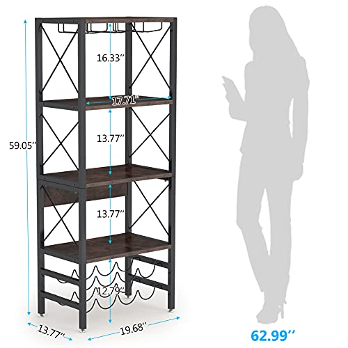 Tribesigns Wine Bakers Rack, 4-Tier Industrial Wine Rack Freestanding Floor With Glass Holder And Wine Storage, Wine Bar Cabinet With Storage For Home Kitchen Dining Room, Rustic Brown #TOP6