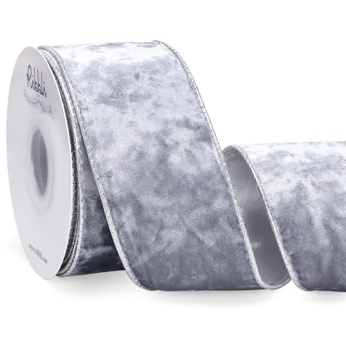 Image of Ribbli Silver Velvet Wired Ribbon 2.5 Inch Metallic Silver Crushed Velvet Christmas Ribbon for Gift Wrapping Christmas Tree Decoration Crafts Wreaths Supplies-Continuous 10 Yards