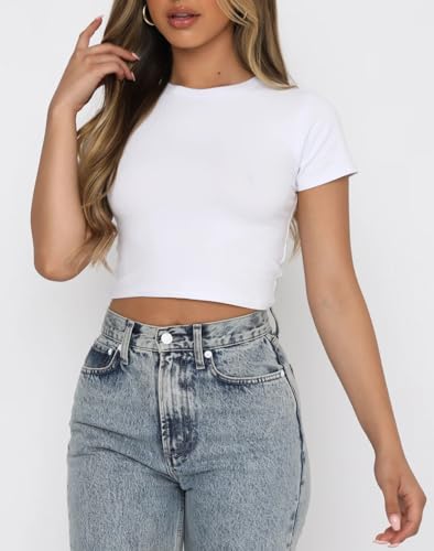 BAIGRAM Women Slim Cap Sleeve Round Neck Crop Tee Tops Basic Cute Form Fitting Baby Tshirt Summer Yoga Shirt 2025 Going Out 5
