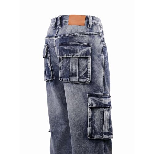 Mens Baggy Cargo Jeans Loose Fit Straight Leg Hip Hop Denim Workwear Pants with Pockets Casual4