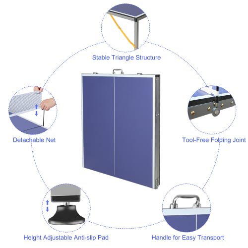 Tavolo da ping pong pieghevole da 137 cm, tavolo da ping pong portatile con rete, 2 racchette e 3 palline, superficie di gioco in MDF con rimbalzo uniforme della palla, per interni ed esterni