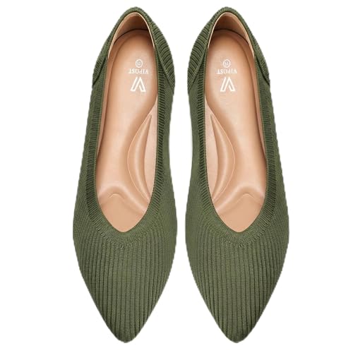 Vipost Knit Ballet Flats for Women Pointed Toe Comfortable Foldable Flat Shoes for Work Travel Wedding Breathable Slip On Dressy Flats Green