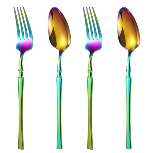 Image of 4-Piece Korean Vintage Style Cutlery Set | 2 Tablespoons & 2 Dinner Forks (7.68 inch) | Durable Stainless Steel Flatware for Home, Restaurants & Gift Giving (Rainbow)