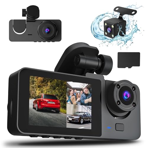 3 Channel Dash Cam, 1080P Dash Cam Front and Rear Inside, Three Way Dash Camera for Cars, Car Camera with 32GB Card, 24H Parking Mode, Loop Recording, Super Night Vision