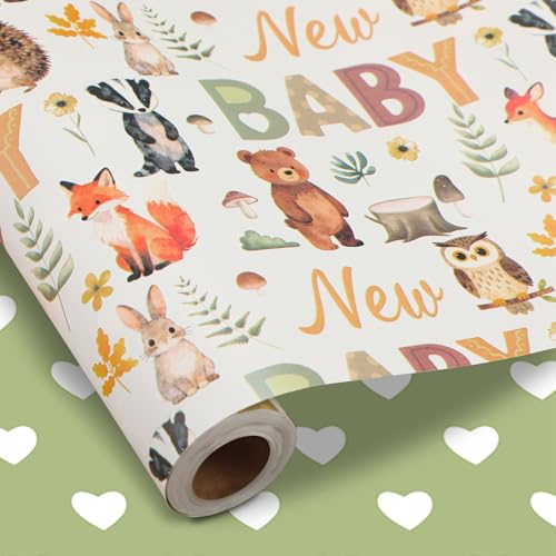 woric Reversible Baby Shower Wrapping Paper Roll 17 Inch x 33 Feet Baby Gift Wrapping with Woodland Animal Design for Newborn Neutral 1st Birthday Celebration and DIY Crafts