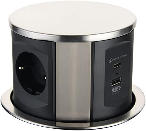 Electraline 62571 Versenkbar / Tischsteckdosenleiste / Tischsteckdose 3-Fach Steckdose (2 USB 3.1A: 1 Type A + 1 Type C 15.5W 2m Kabel) Einbausteckdose für Arbeitsplatte Mehrfachst