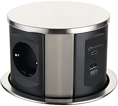 Electraline 62571 Presa multipla retrattile/da tavolo/ a 3 vie (2 USB 3.1A: 1 tipo A+1 tipo C 15,5 W, cavo da 2 m), integrata per presa multipla da piano di lavoro, D 120 mm