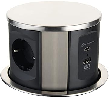 Electraline 62571 Presa multipla retrattile/da tavolo/ a 3 vie (2 USB 3.1A: 1 tipo A+1 tipo C 15,5 W, cavo da 2 m), integrata per presa multipla da piano di lavoro, D 120 mm