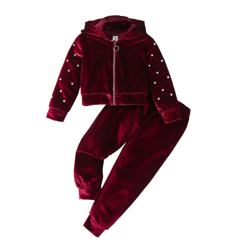 Ameeha Girls Velvet Zip-Up Hoodie and Pants Set, 2 Pieces Tracksuit Casual Outfit-image-42