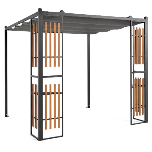 RELAX4LIFE Pergola Jardin Exterieur avec Toit Rétractable, Belvédère pour Patio avec 4 Paravents Lattes, 2 Étagères, Cadre en Acier au Carbone, Tonnelle de Jardin Extérieur pour Terrasse