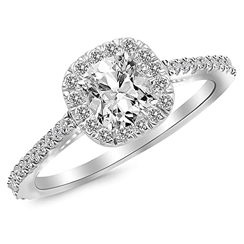 14K White Gold 1.25 Carat LAB GROWN DIAMOND Gorgeous Classic Cushion Halo Style Cushion Cut Diamond Engagement Ring (G-H Color VS1-VS2 Clarity 0.75 Ct Center)