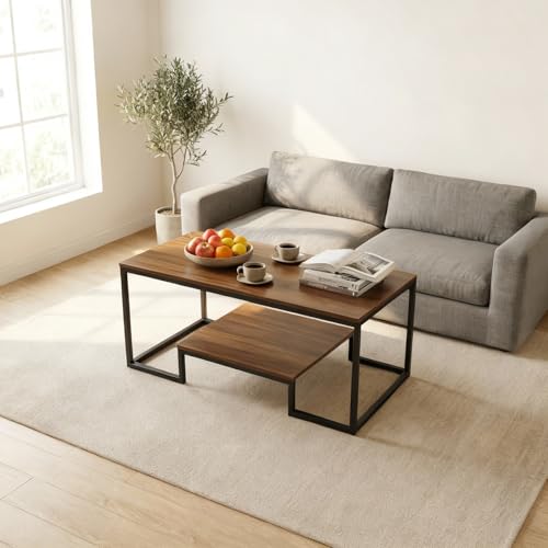 Alivio 2-Tier Modern Industrial Coffee Table with Metal Frame & Wooden Top Dual Storage Shelves Sturdy Center Table for Living Room Home & Office (Brown)