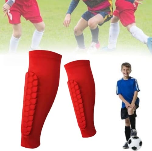 Shin Defender Kids,2pc Shin Pads Boys,Football Shin Guards Pads, Honeycomb Compression Shin Pad Sleeves,Lightweight Breathable With Superior Impact Absorption, Protective For Youth Adult (Red, XL)