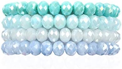Bohemian Multi-Layer Beaded Stacking Bracelet - Versatile Stretch Strand Statement Wrap Slip-on Cuff Bangle Shiny Crystal Bead Metallic, USA Flag, Rainbow Pride (Sparkly Mix - Seafoam Blue)