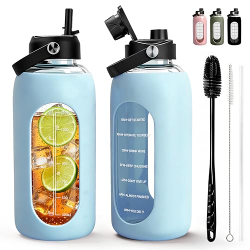 Image of Aqulea 64oz oz Glass Water Bottle with 2 Lids - Spout & Straw Lids, Borosilicate Glass Water Bottle with Time Marker & Silicone Sleeve, Leakproof