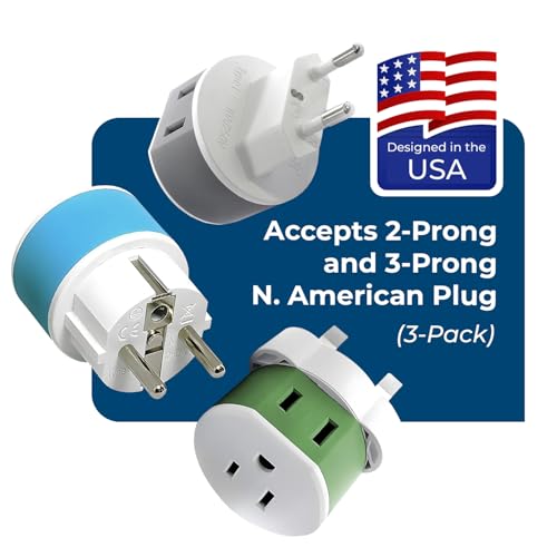 Image of Full European Travel Adapter Set by OREI - Dual Input American to Europe, Germany, England, Spain, Italy, Iceland, France, (Type G, E /F, Type C) - 3 Pack, Safe Grounded Use for Cell Phones, Laptops