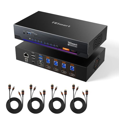 TESmart 8K@60Hz HDMI KVM Switch 4 Computers 1 Monitor USB 3.0, 4 Port KVM 4K@144Hz for Gaming, 1G Ethernet, EDID Emulators, Hotkey Switch, ADI Chip, Audio & Microphone with All Input Cables