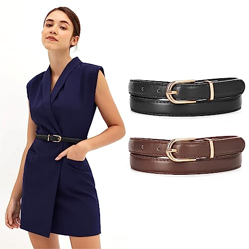 JASGOOD 2 Pack Womens Skinny Leather Belt Ladies Thin Faux Leather Belt with Gold/Silver Buckle for Jeans Dress Pants2
