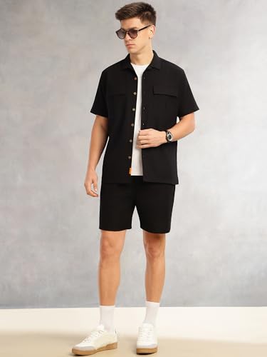 Image of Thomas Scott Men's Regular Fit 100% Cotton Co-Ord Set with Shirt Collar | Short Sleeves | Self Design