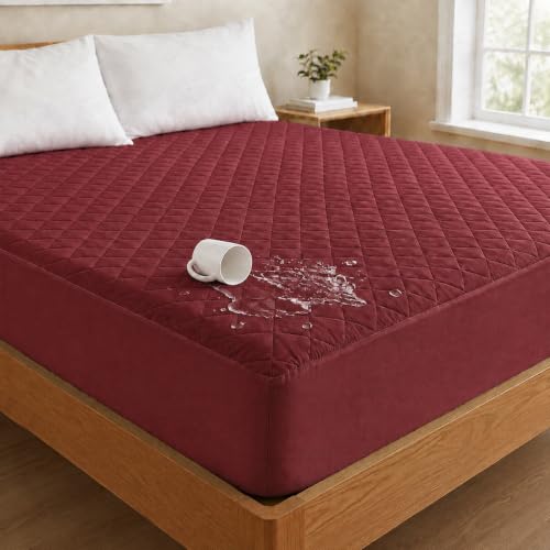 Image of Lukzer 100% Waterproof Quilted Mattress Protector Maroon Queen Size 72 x 60 Inches (6 x 5 ft) Cotton-Feel Bed Protector Soft Noiseless Hypoallergenic Breathable Elastic Fitted Mattress Cover /Bed Cover