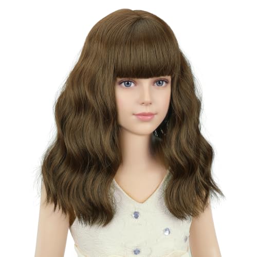 Image of PATTNIUM Kids Brown Wig with Bangs Short Curly Wavy Brown Girls Wig Dark Brown Synthetic Wigs for Cosplay Costume Party with Wig Cap