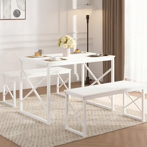 Image of VECELO 43.3 inch Kitchen Dining Table Set for 4, Heavy-Duty Steel Frame & Wood-Grain Tabletop, Space-Saving Dinette Sets with 2 Benches for Breakfast Nook and Small Space, White