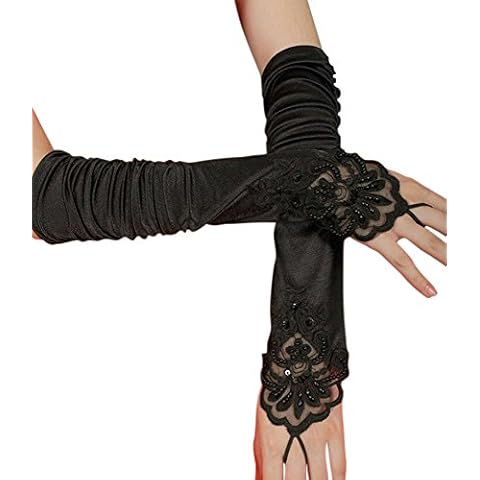 iLoveCos Opera Gloves Long Glove 1920s Accessories Flapper Costume Finger-less Lace Gloves Women Roaring 20' s Party Decoration Accessories Classic Satin Elbow Length Gloves (Black) Cover