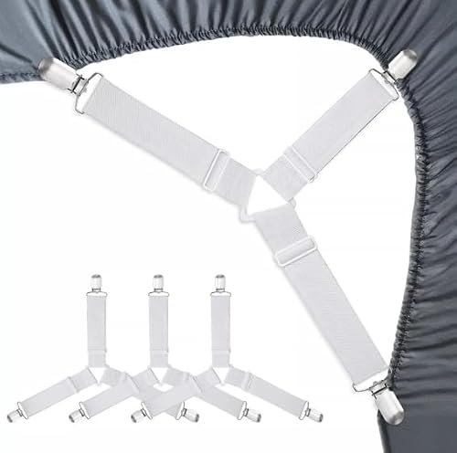 GodtKowty 8-Pack Adjustable Sheet Clips, Holder Corner Straps - White, Elastic Nylon Bedding Straps with Metal Clips, for Mattress Covers, Bed Sheets, Sofa Cushions