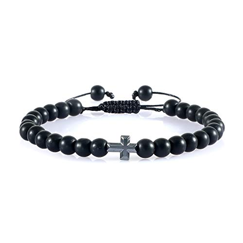 Bracelet croix homme œil de tigre naturel hématite perles 6 mm