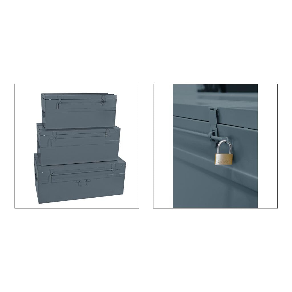 COGEX 62739 Lot de 3 Malles Métalliques Grises Cadenassables – 70 L, 100 L et 150 L – Avec Poignées & Chaîne de Retenue – Rangement, Stockage, Déménagement, Gris