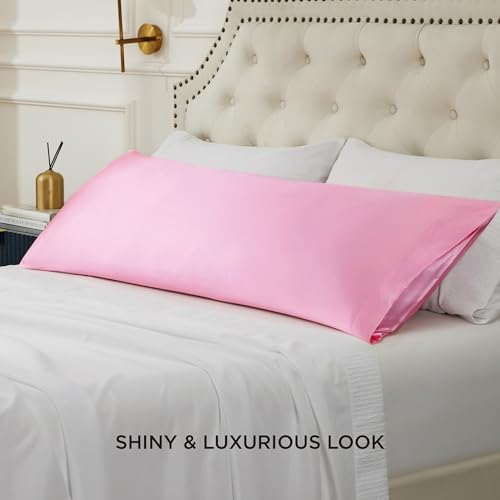 Image of Bedsure Body Pillow Cover 20x54 Inches - Pink Satin Similar to Silk Pillowcase for Hair and Skin, Cooling and Silky Long Body Pillow Pillowcase with Envelope Closure, Gifts for Women Men