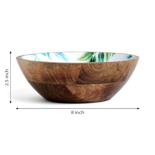 Image of SAAGA Printed Mango Wood Mixing Bowl | 8 x 2.5 Inch Large Wooden Serving Bowl for Salads, Fruits, Snacks, Curries & Desserts | Handcrafted Kitchen & Dining Bowl | White & Aquamarine